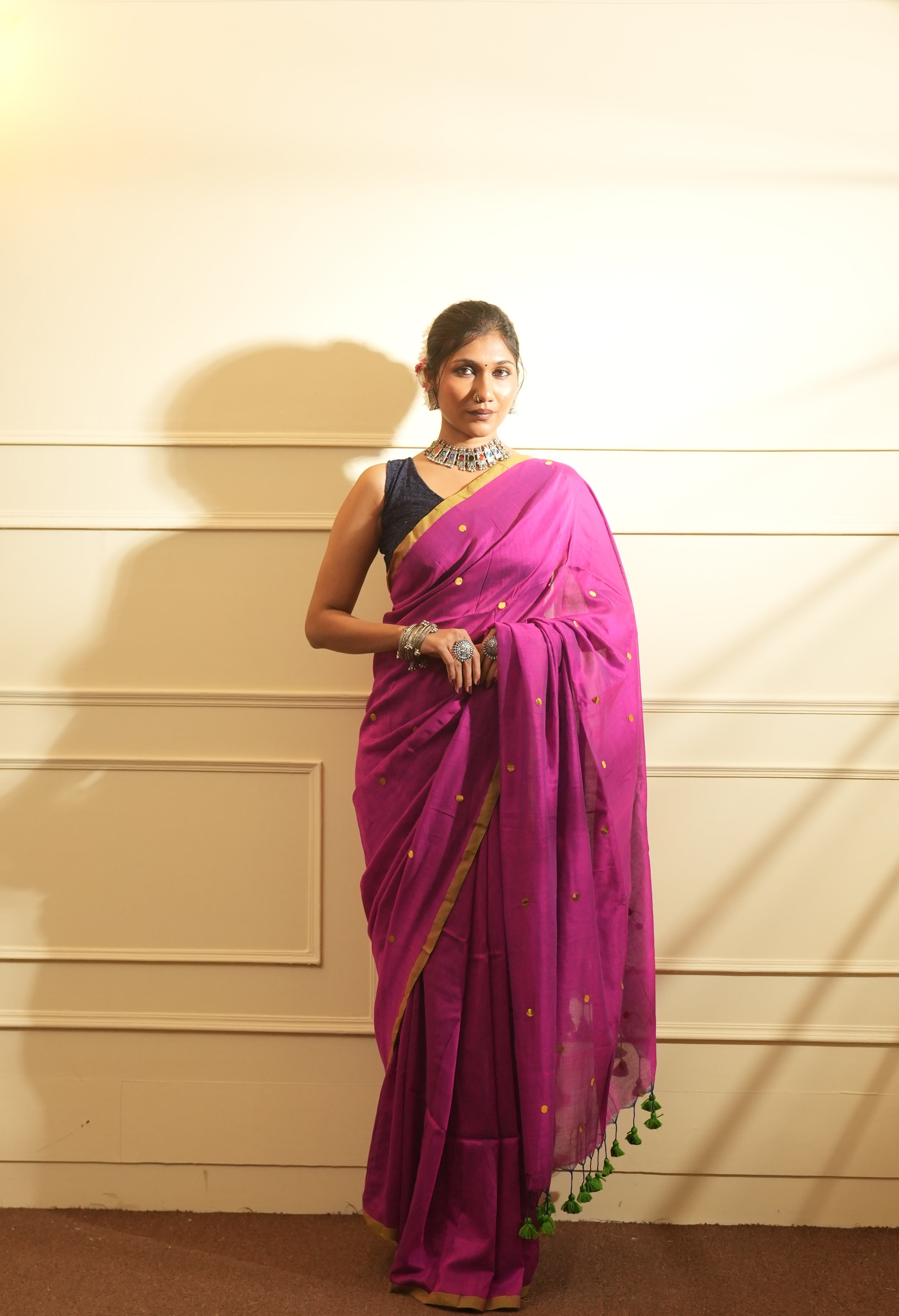 RangDhaaga Purple with Neon Green Border Sequence Cotton Saree - By Shreya